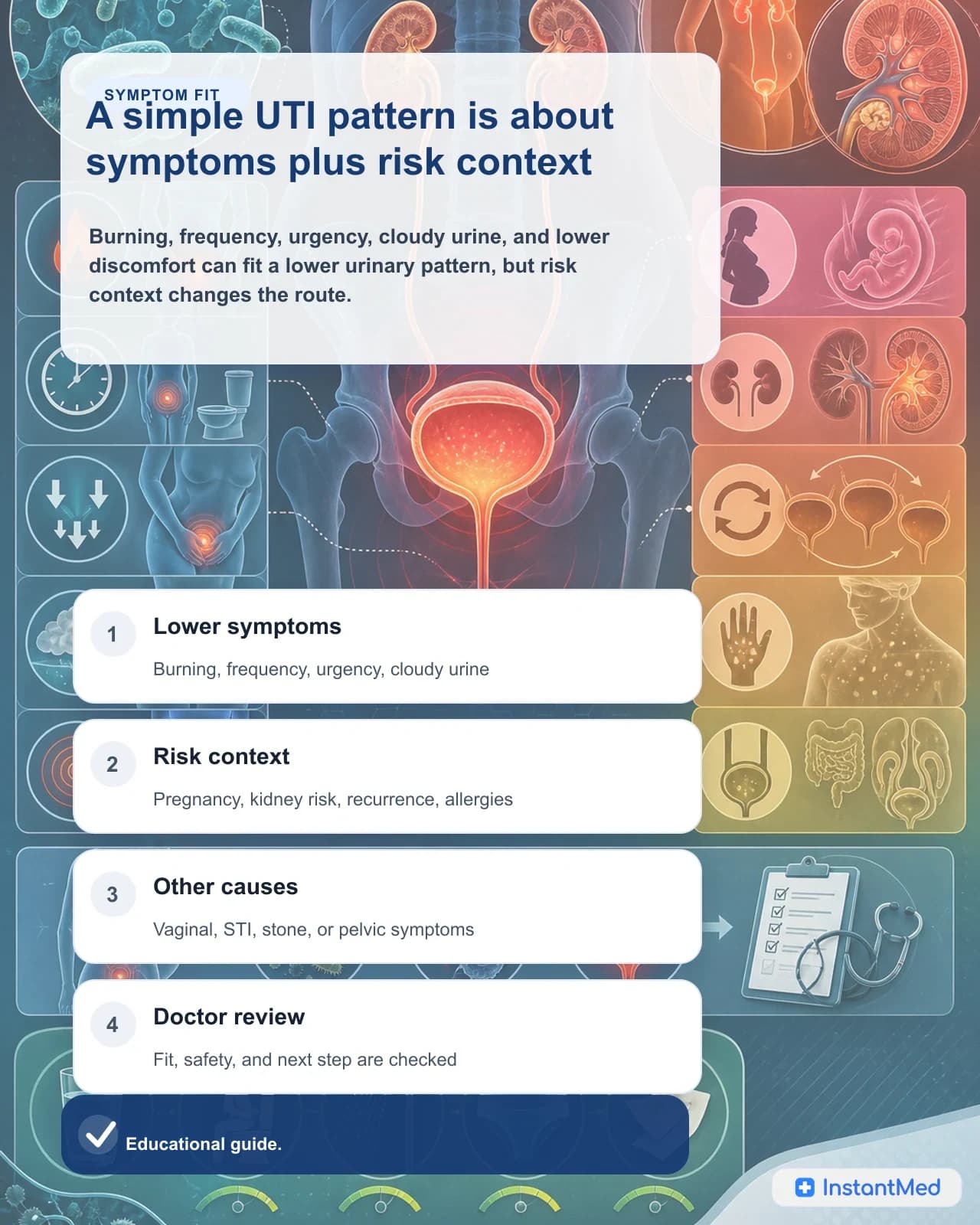 A simple UTI pattern is about symptoms plus risk context: Burning, frequency, urgency, cloudy urine, and lower discomfort can fit a lower urinary pattern, but risk context changes the route.