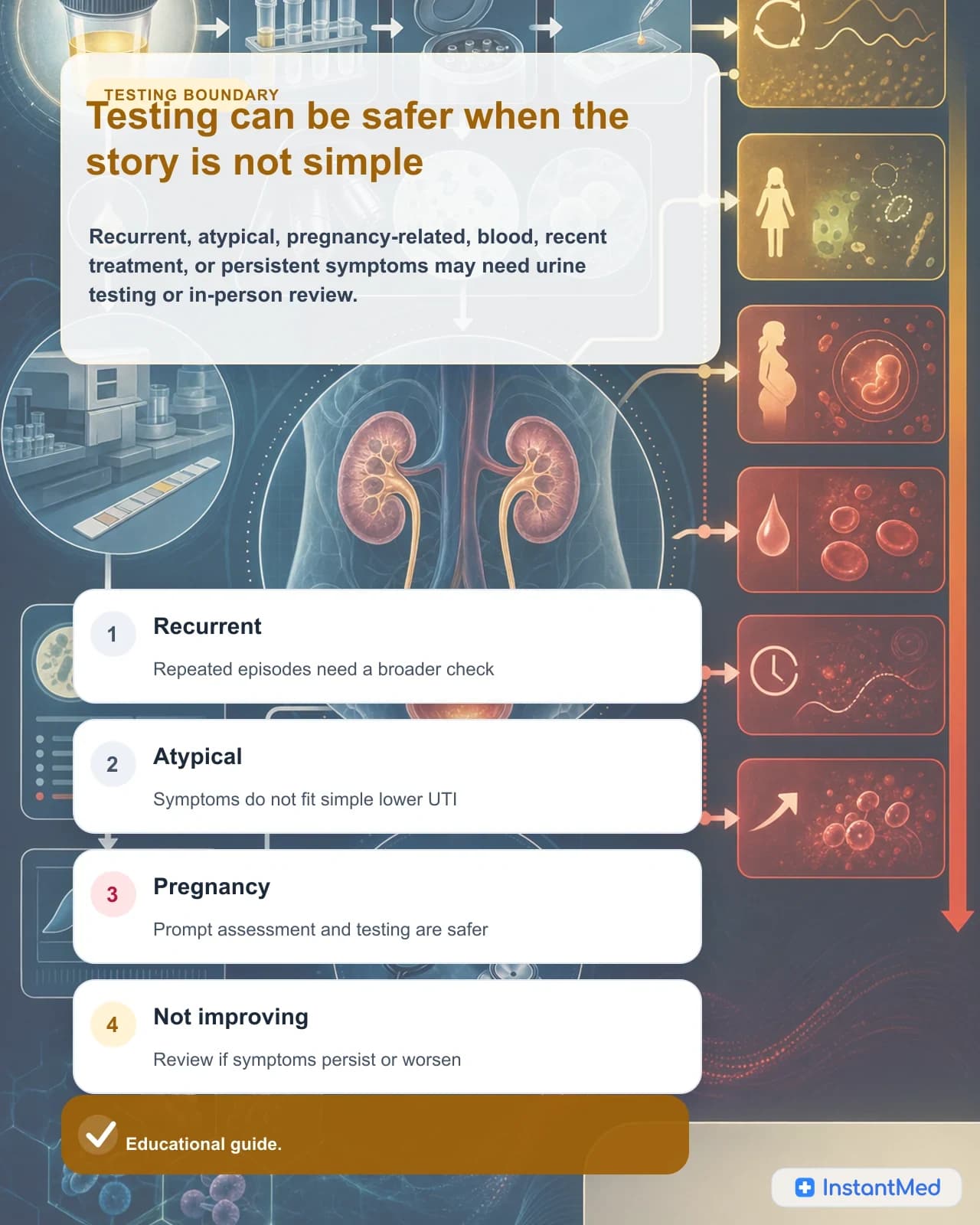 Testing can be safer when the story is not simple: Recurrent, atypical, pregnancy-related, blood, recent treatment, or persistent symptoms may need urine testing or in-person review.