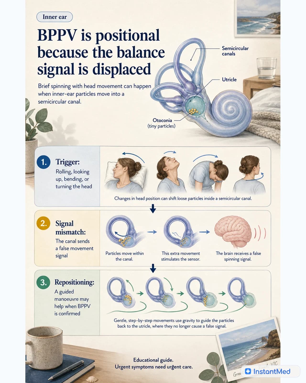 BPPV is positional because the balance signal is displaced: Brief spinning with head movement can happen when inner-ear particles move into a semicircular canal.