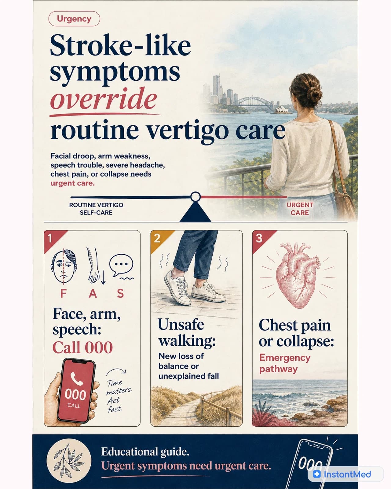 Stroke-like symptoms override routine vertigo care: Facial droop, arm weakness, speech trouble, severe headache, chest pain, or collapse needs urgent care.