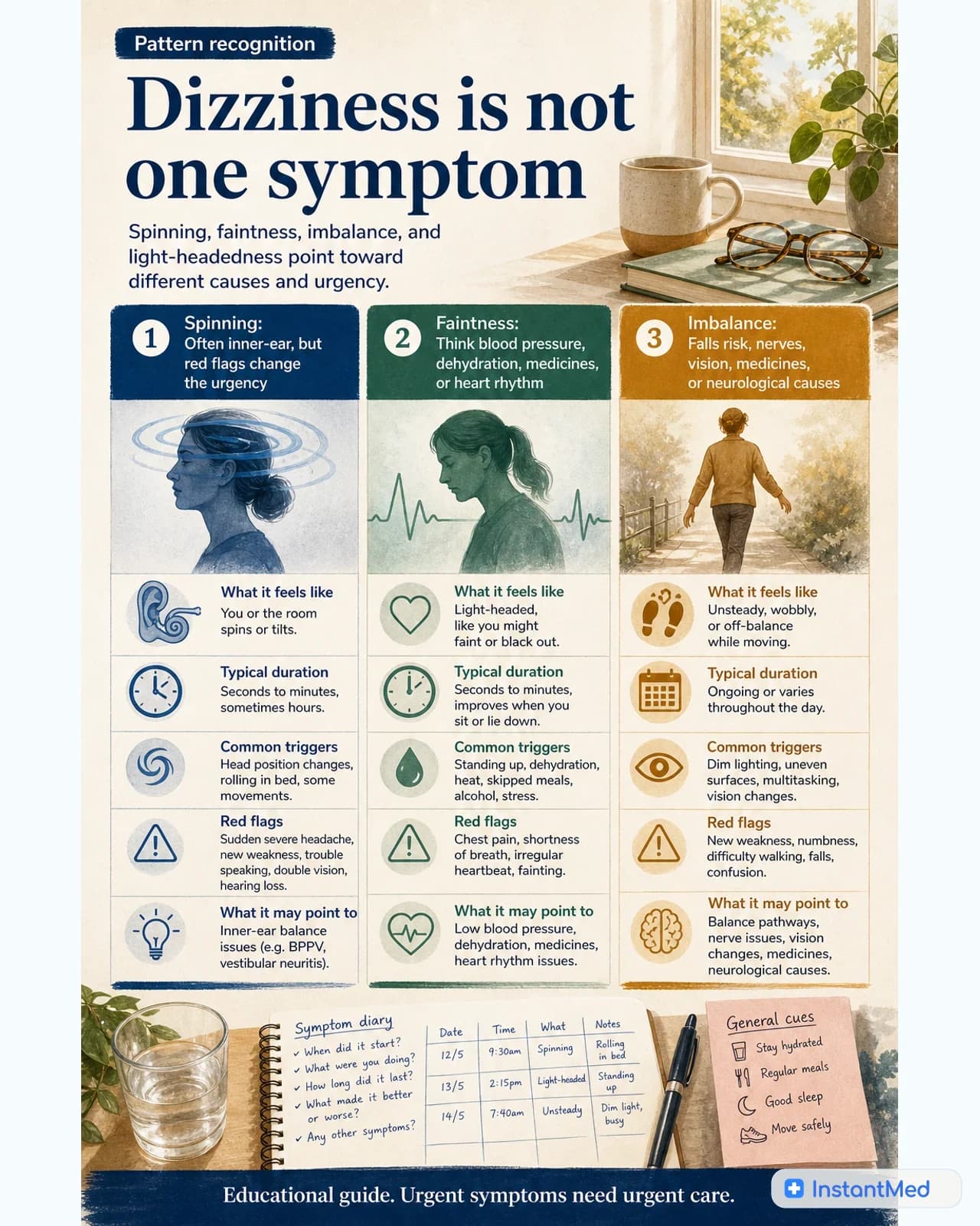 Dizziness is not one symptom. Spinning, faintness, imbalance, and light-headedness point toward different causes and urgency.