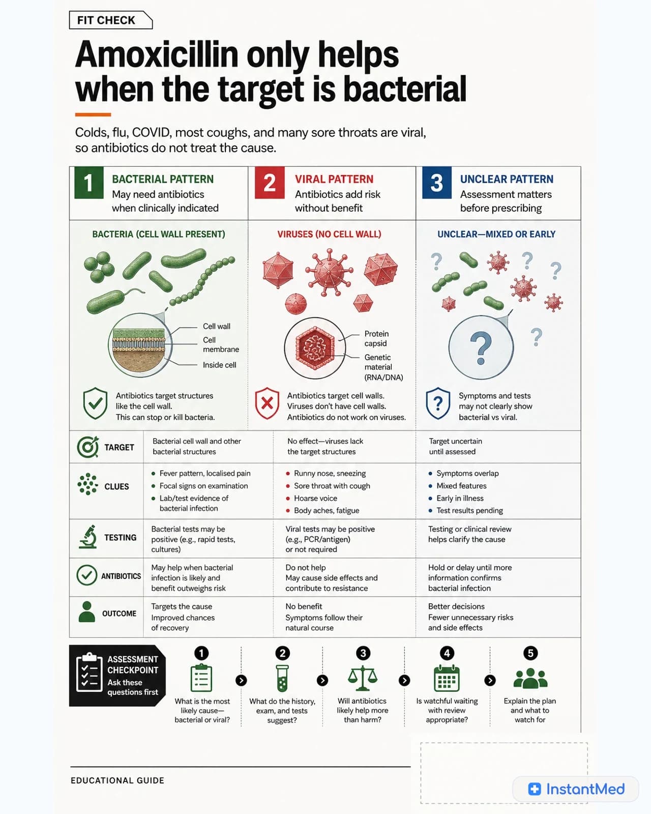 Amoxicillin only helps when the target is bacterial. Viral infections do not benefit from antibiotics, and unclear patterns need assessment before prescribing.