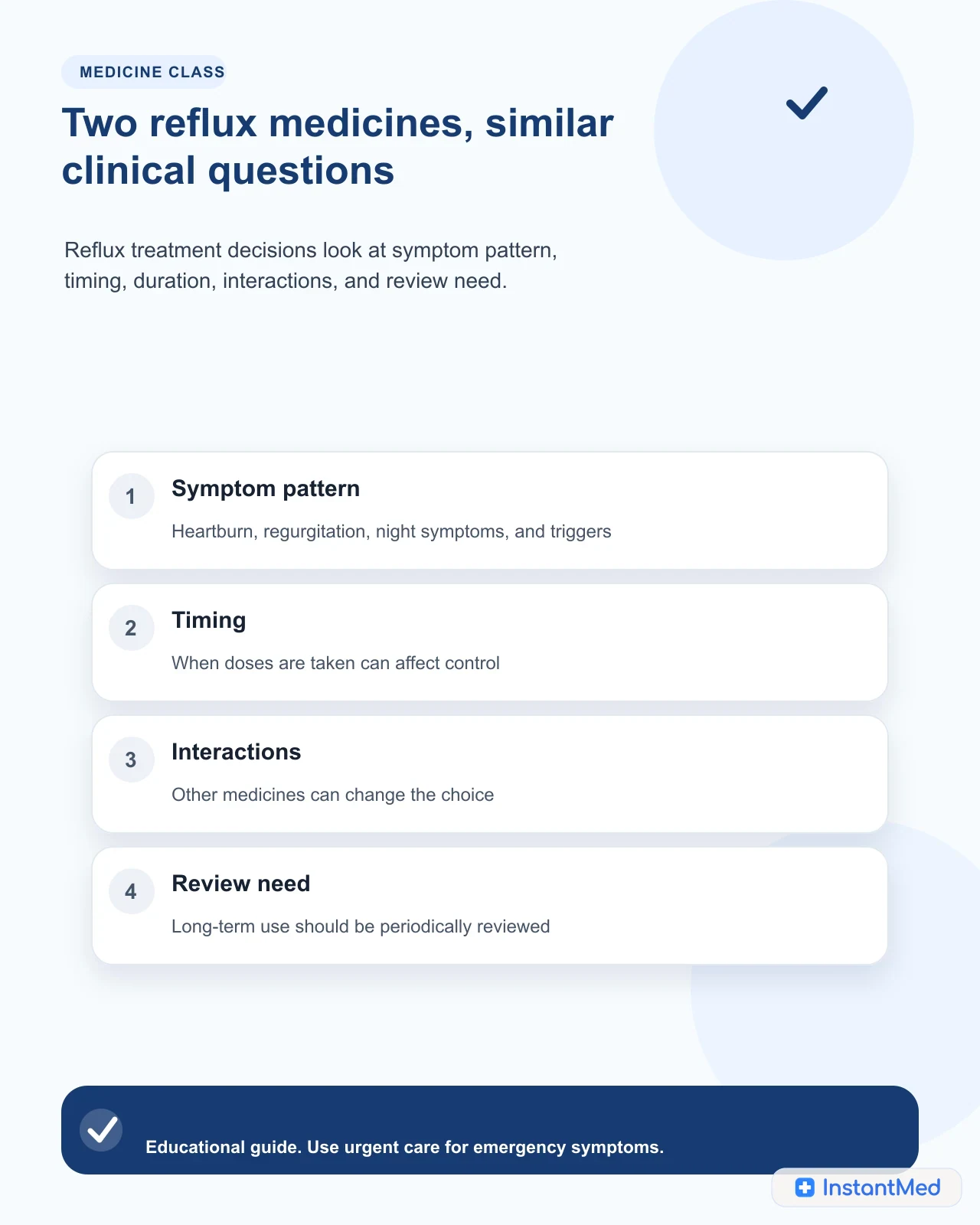 Two reflux medicines, similar clinical questions. Reflux treatment decisions look at symptom pattern, timing, duration, interactions, and review need.