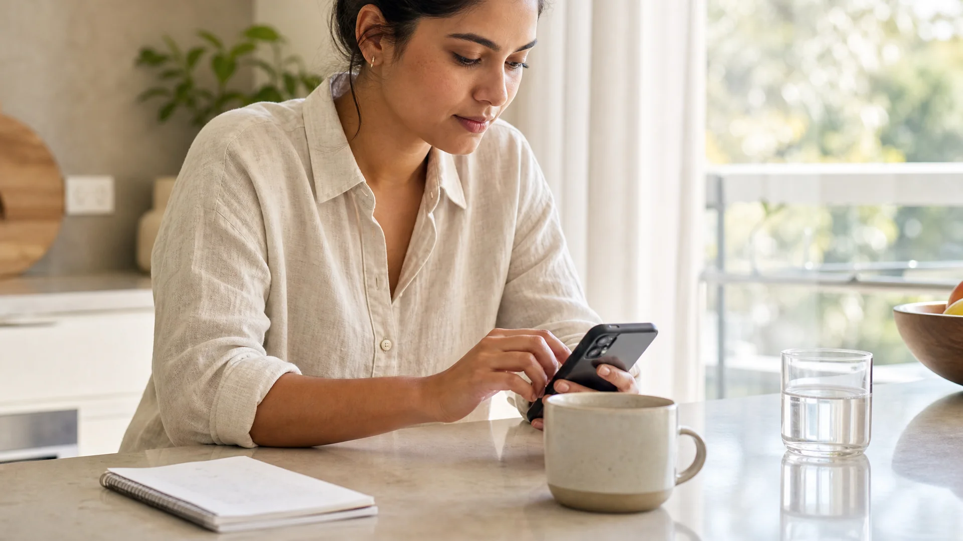 A patient calmly fills in a secure health form on their phone at a kitchen bench.