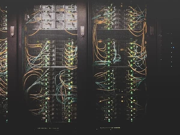 Secure data center with blue lighting